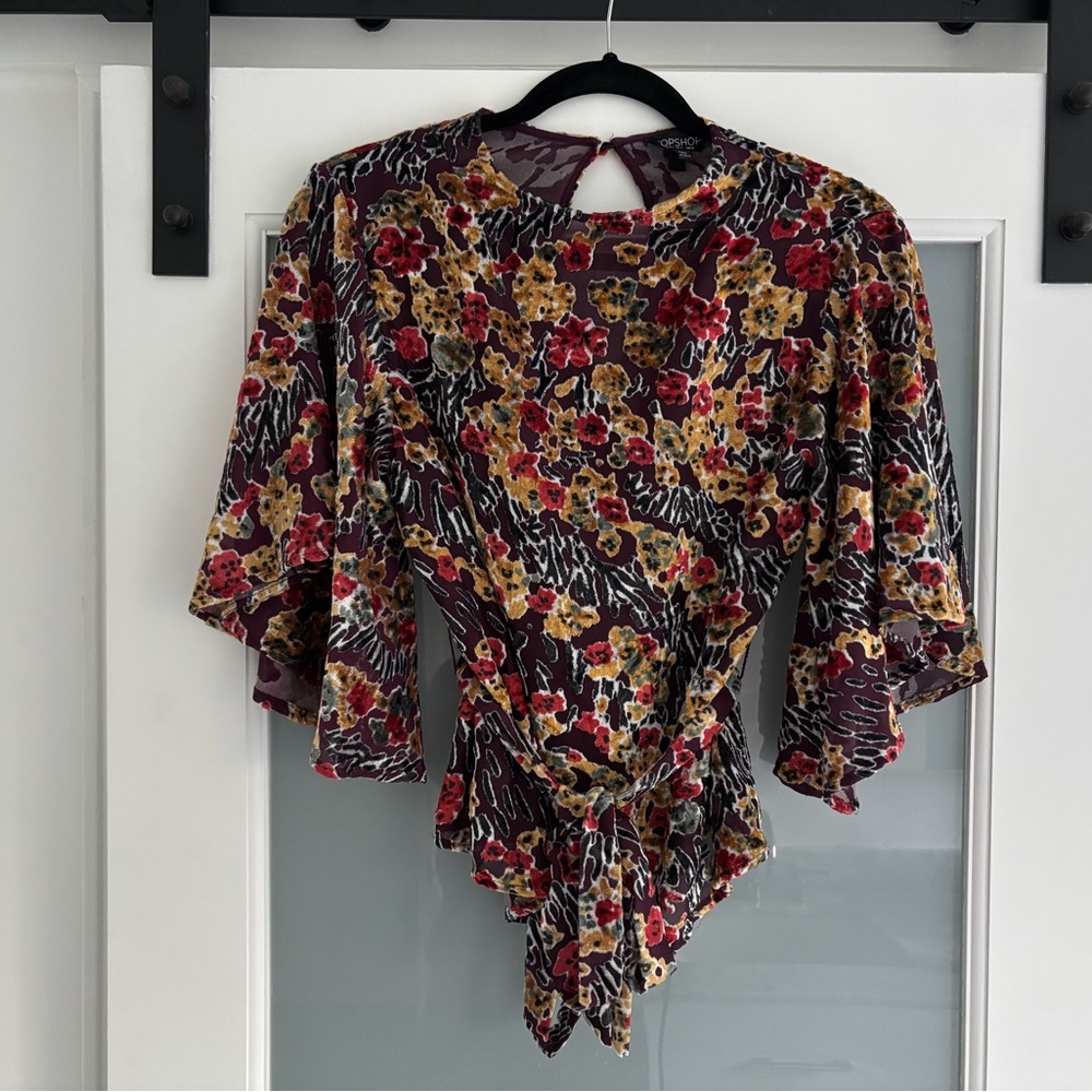 Topshop Velvety Multicolored Tie Front Blouse